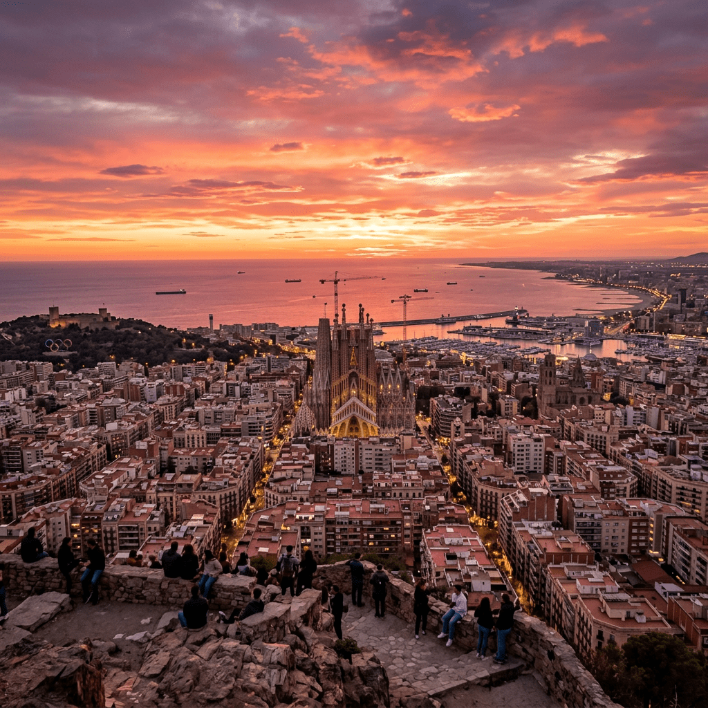 Barcelona skyline, Sagrada Família, harbor, and sunset viewed from a hilltop